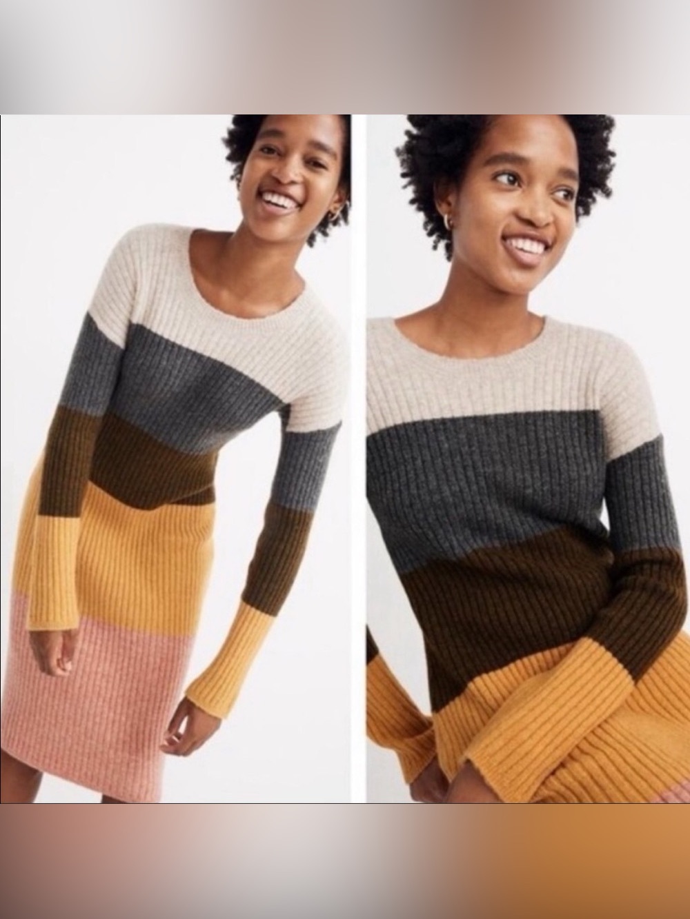 Madewell Colorblock Long Ribbed Sweater Dress - Pink, Mustard, Olive, Gray M